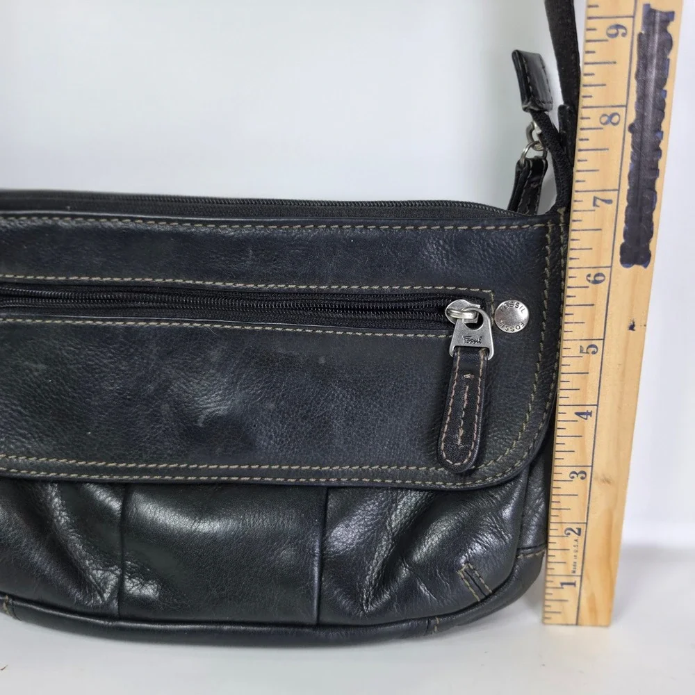 Vintage Fossil Black Leather Crossbody Bag Y2K Organizer Shoulder Purse Flap